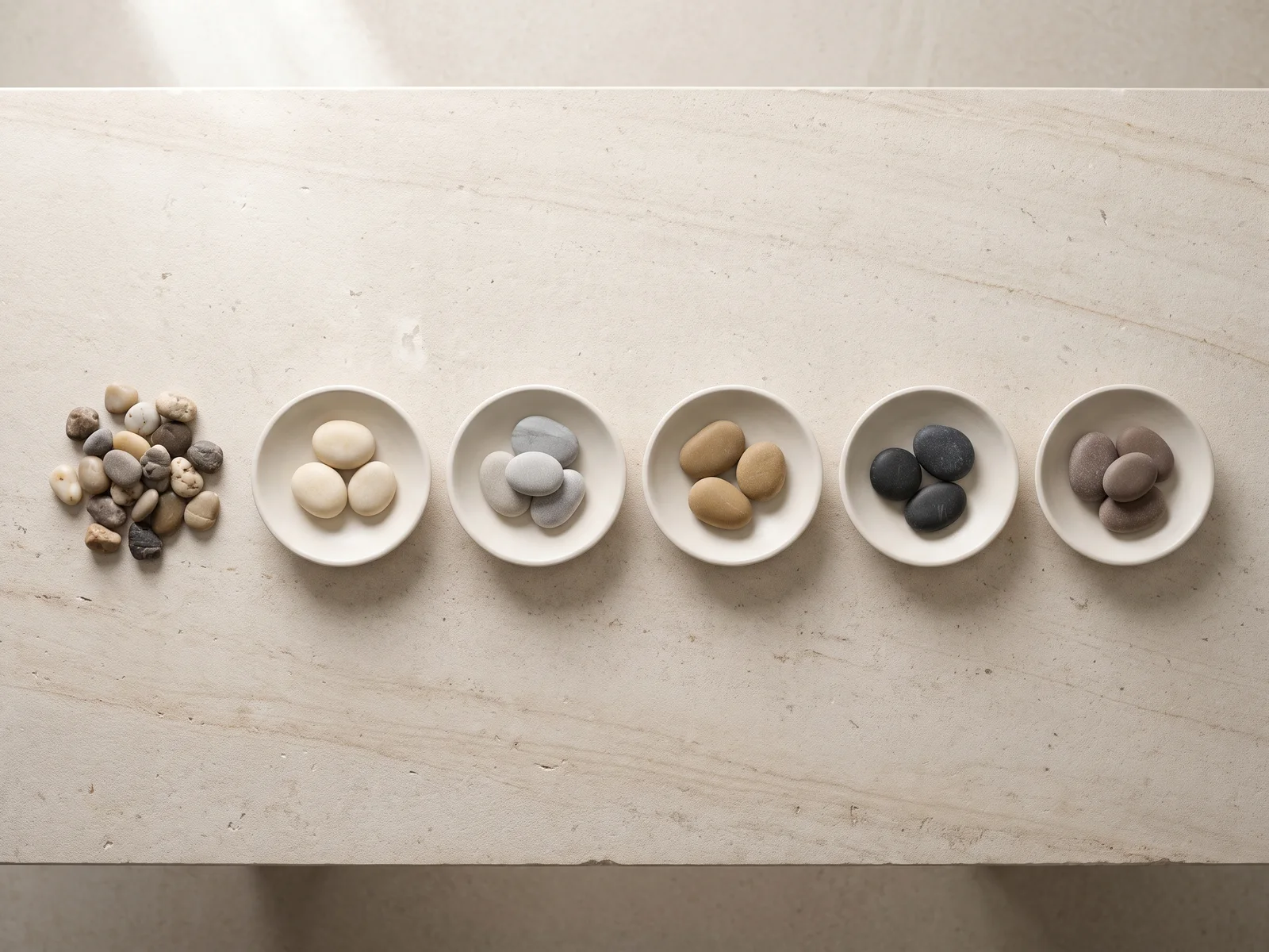 A row of five shallow off-white dishes on a pale limestone table, each holding smooth pebbles of one tone, with a small loose pile of mixed pebbles to the left.