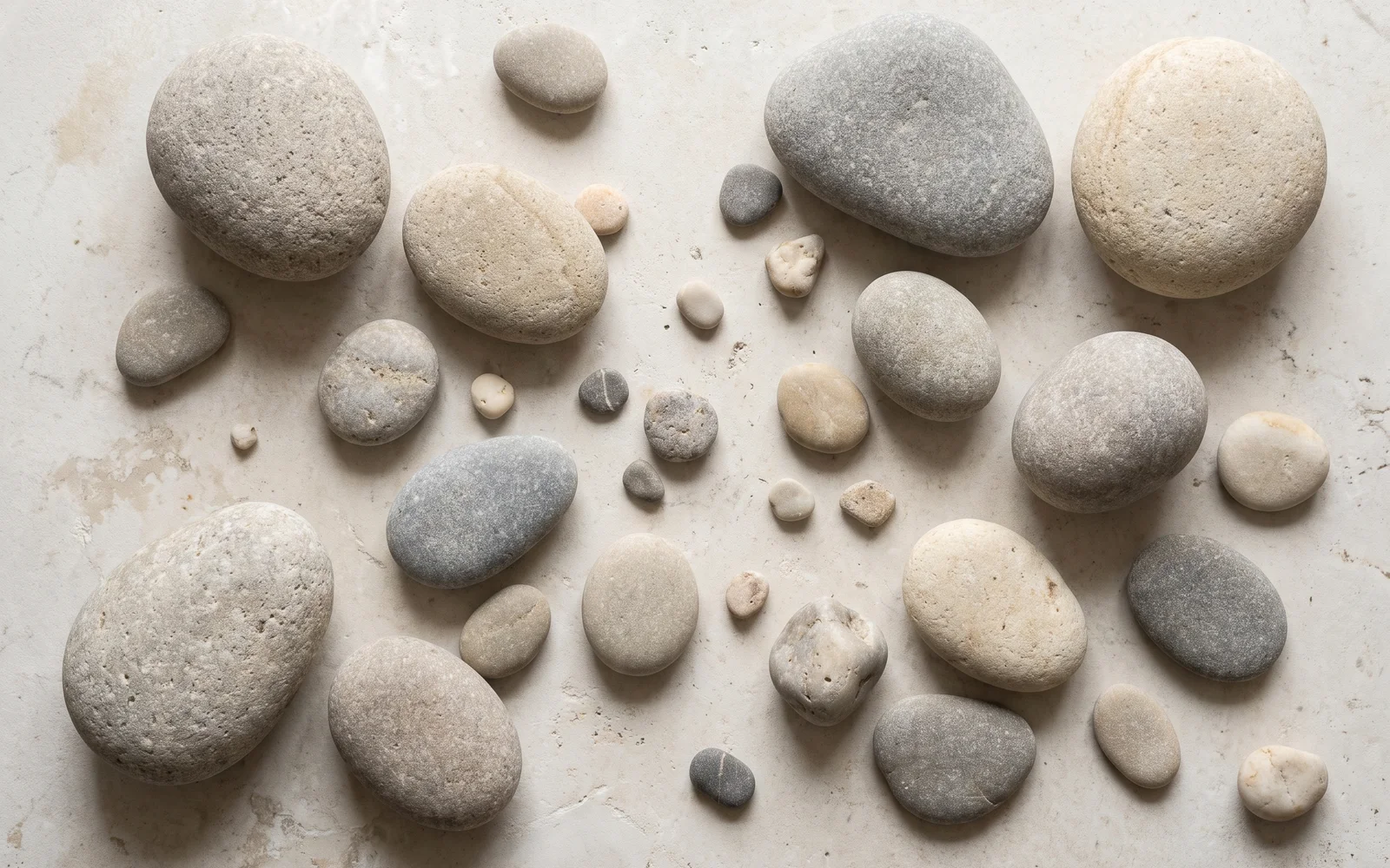 Smooth river pebbles of very different sizes lying loose in an uneven scatter on a pale limestone table.